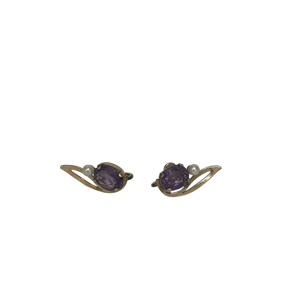 Vintage Gold Tone Amethyst Pearl Earrings Screw‎ Back Dainty Elegant